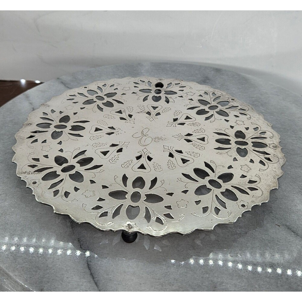 Vintage Silver Metal Trivet Round Floral Cutout Footed Stand Hot Plate